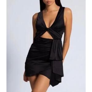 NWT Meshki Black Satin Mini Dress with Twist Front Cutout & Drape Detail